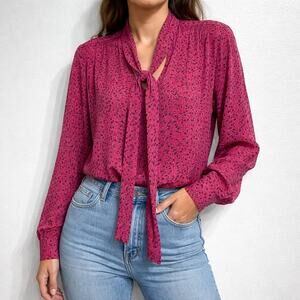 Andrea Gayle Pink Floral Vintage Boho Tie Neck Long Sleeve Blouse Sz L